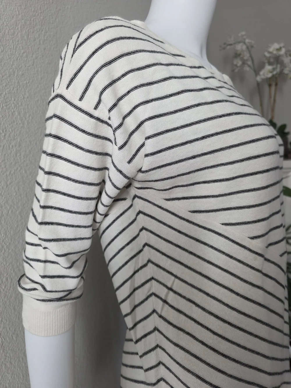 Tribal Striped Lightweight Boatneck Sweater in Cream w/Black Striping - Size M